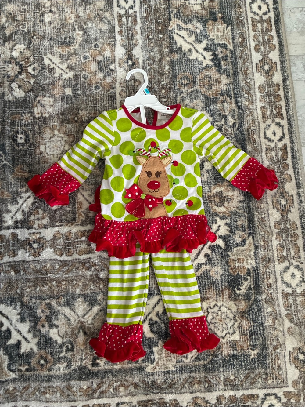 Rare Editions Green & Red Reindeer Ruffle Two-Piece Set
